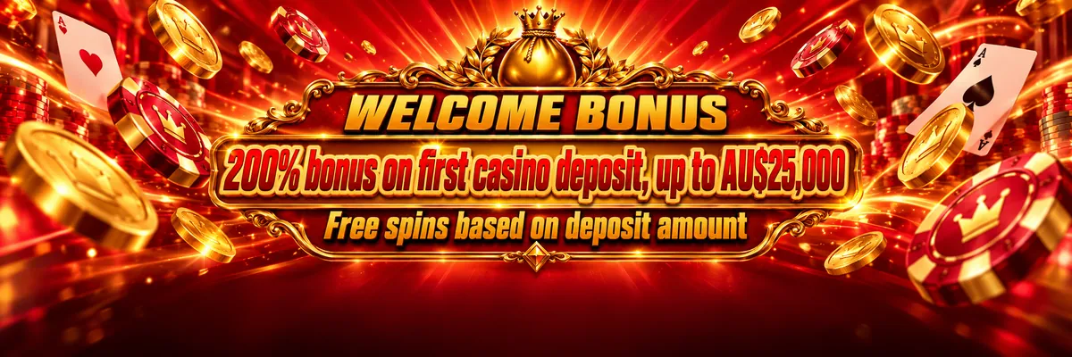A glowing framed welcome sign beneath a crowned money-bag emblem, surrounded by flying poker chips, playing cards and spinning coins in vivid red and amber.